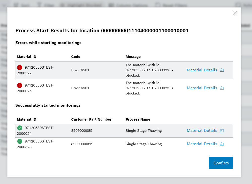 Process Start Results Dialog