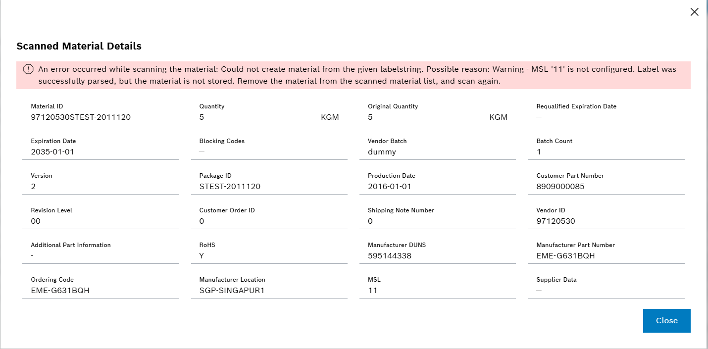 Scanned Material Details With Error