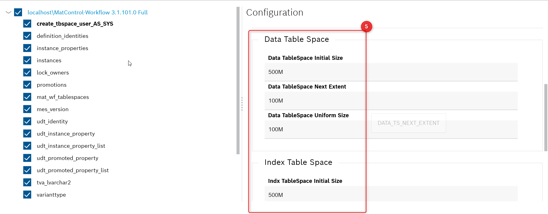 mes installer full install settings tablespace