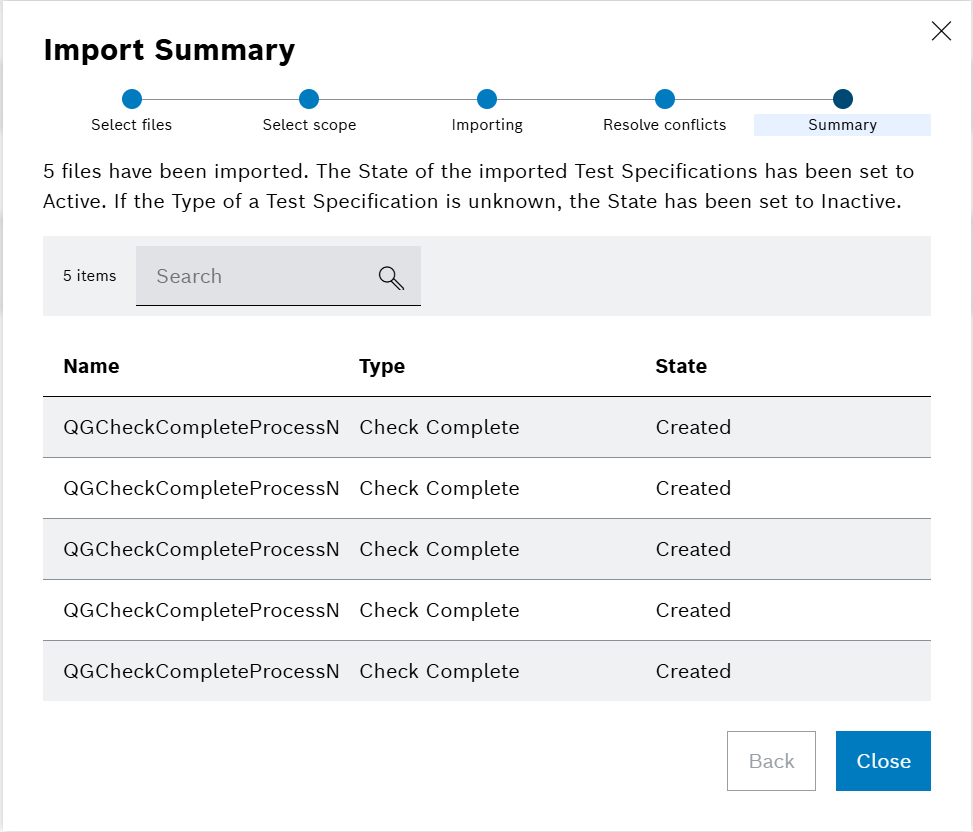 Summary Test Specifications Wizard