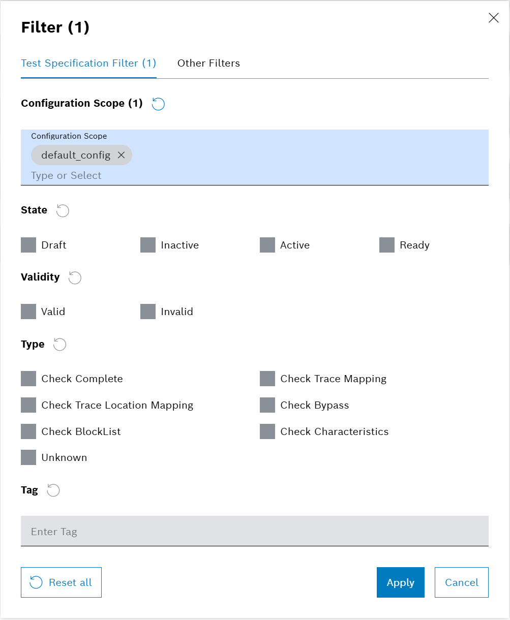 Test Specifications Mass Edit Filter