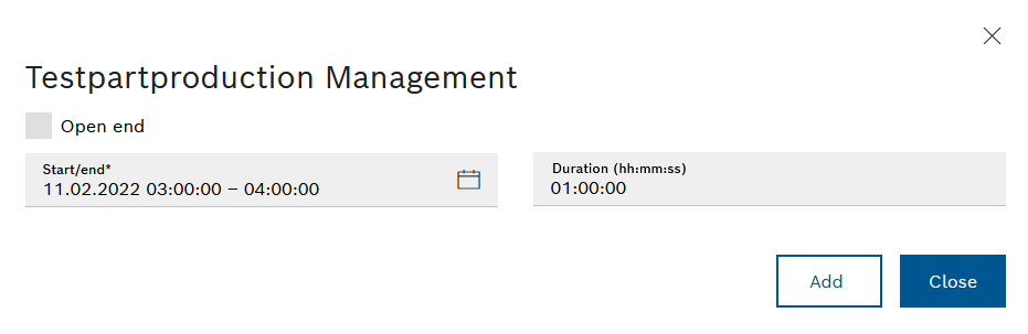 Testteileproduktionsmanagement Dialog