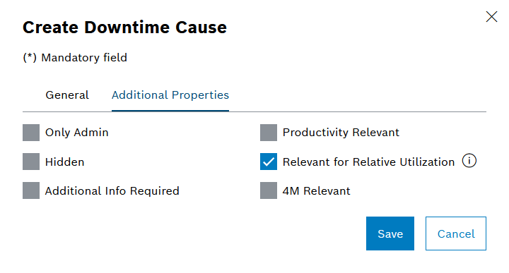 Downtime cause dialog - additional properties tab