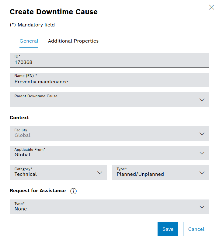 Downtime cause dialog - General tab