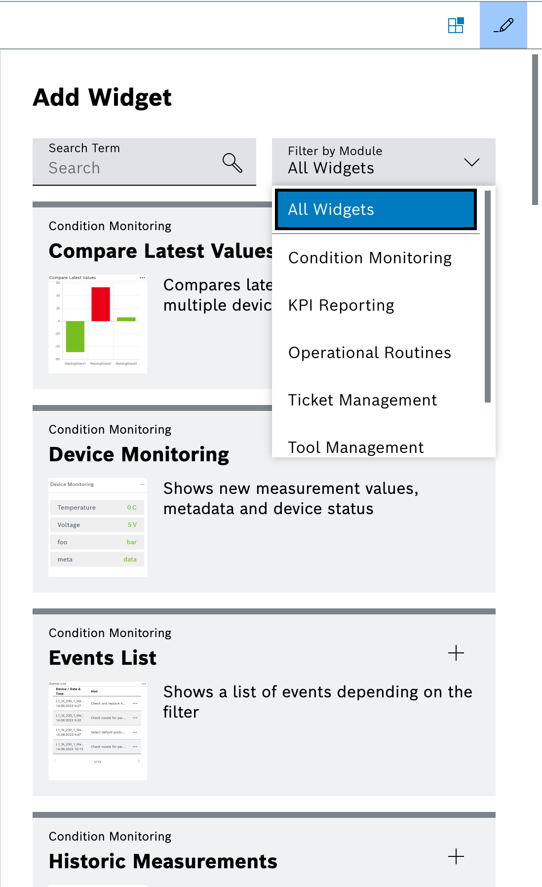Widget catalog sidebar with module filter