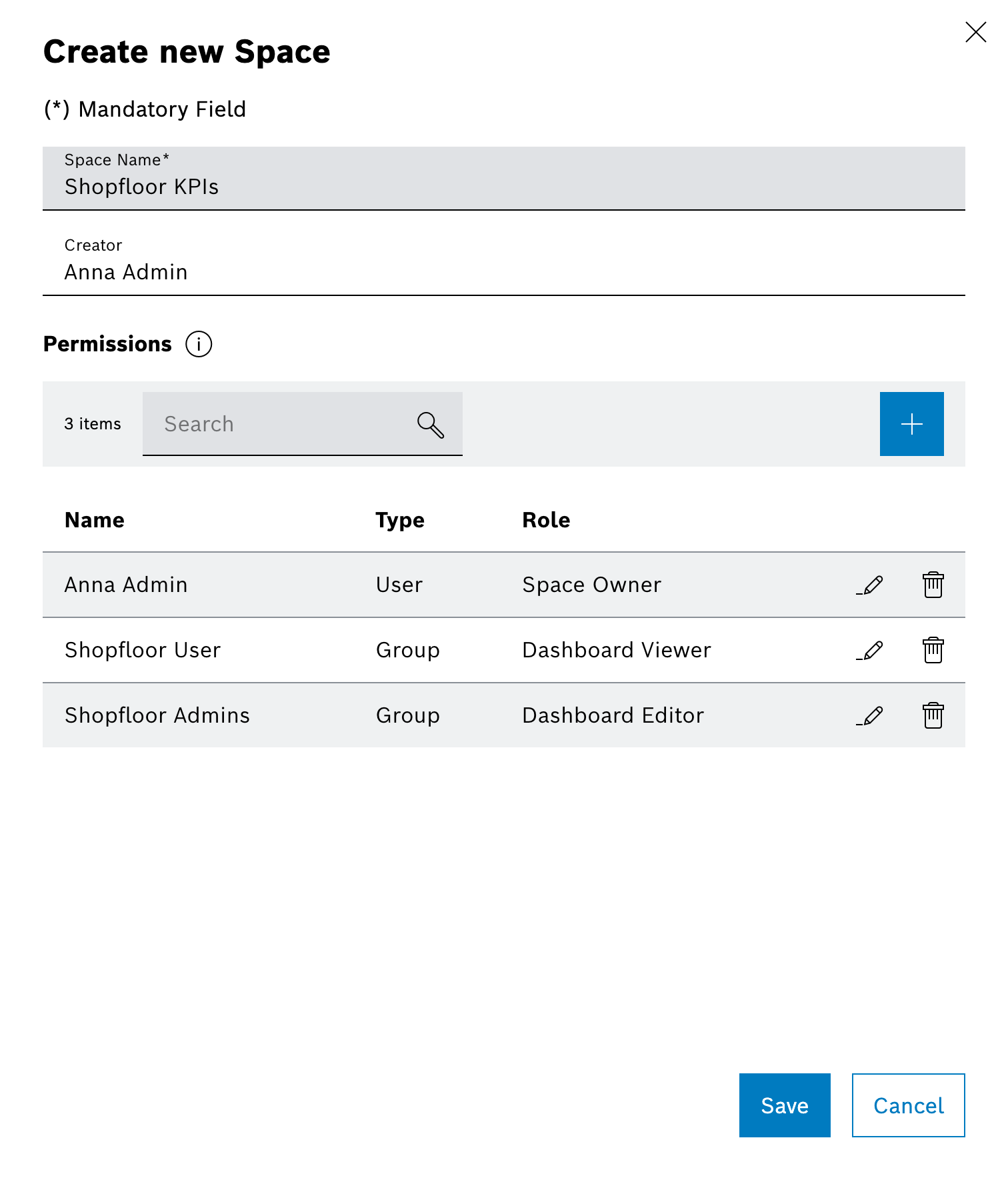 Create space dialog