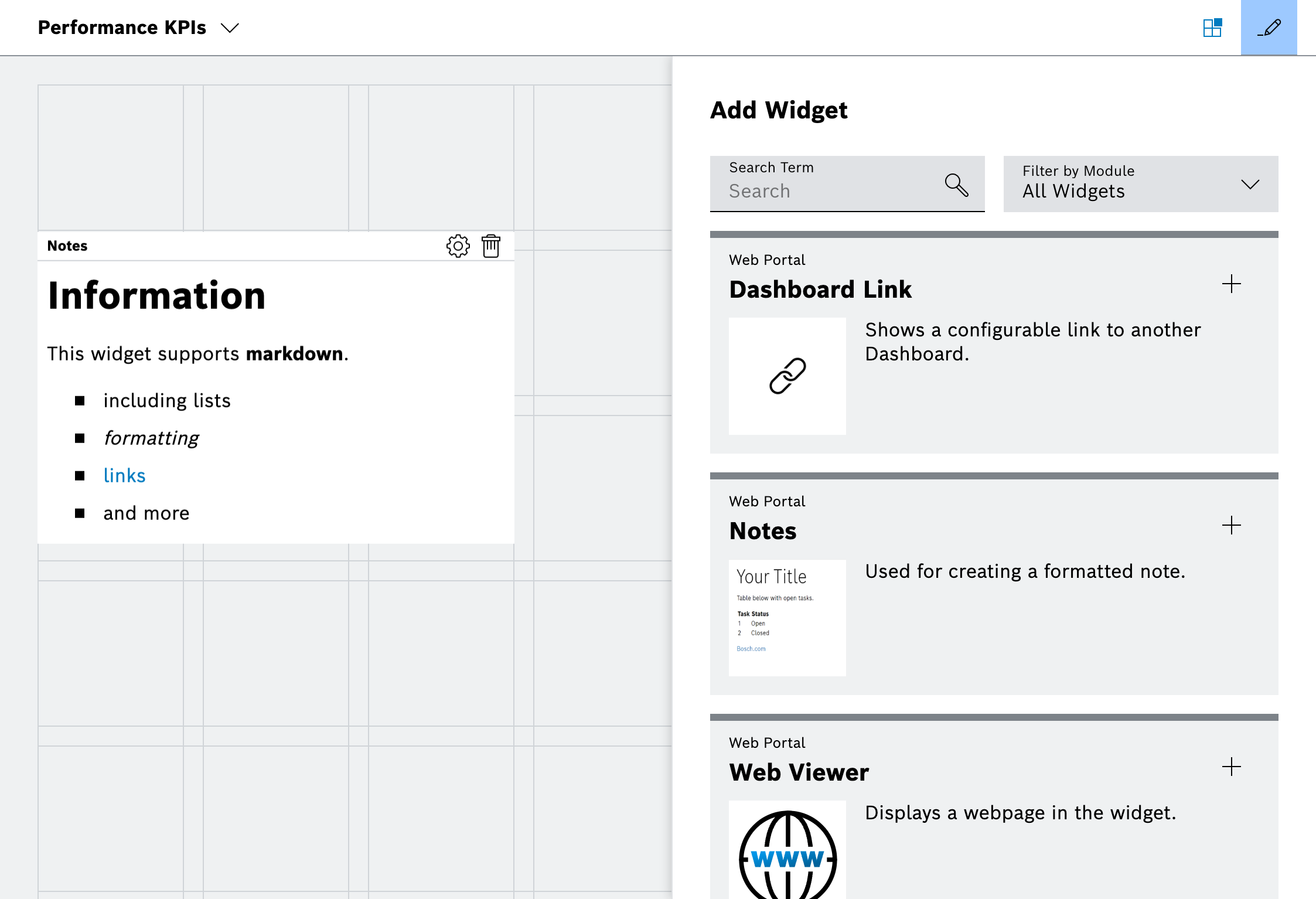 Dashboard edit mode with widget catalog