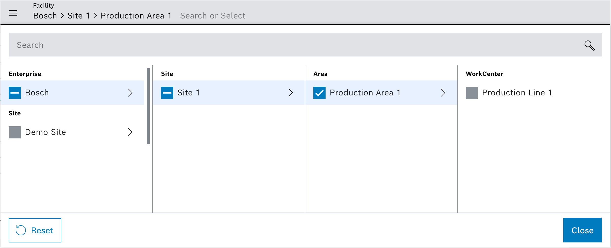 Facility selector in filter bar