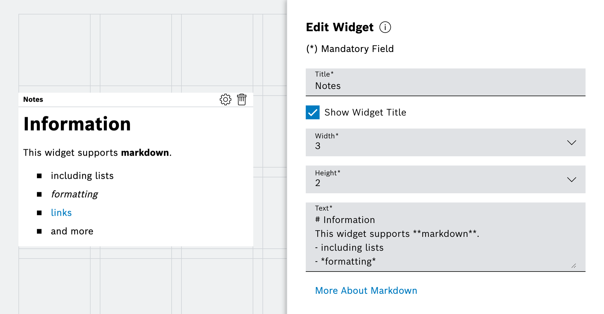 Notes widget with configuration