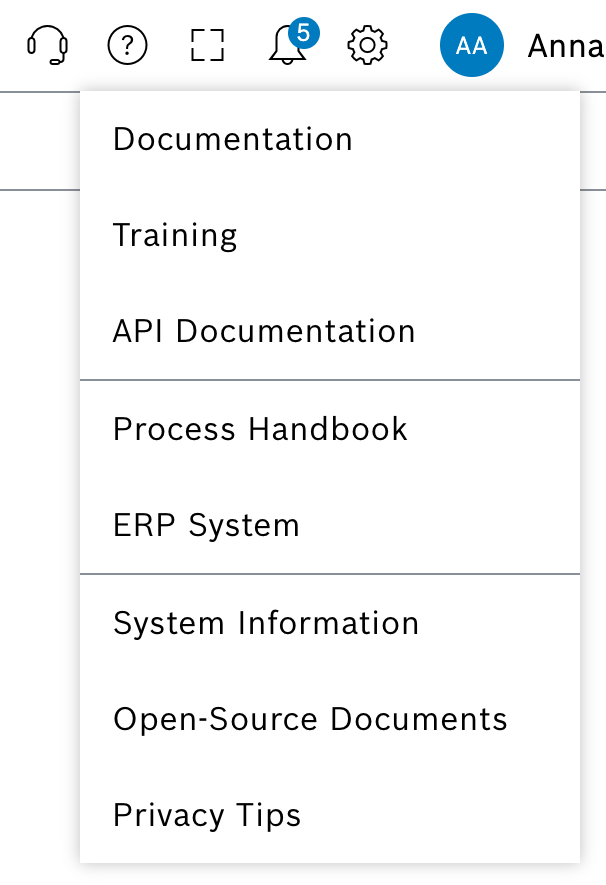 Links in the help menu
