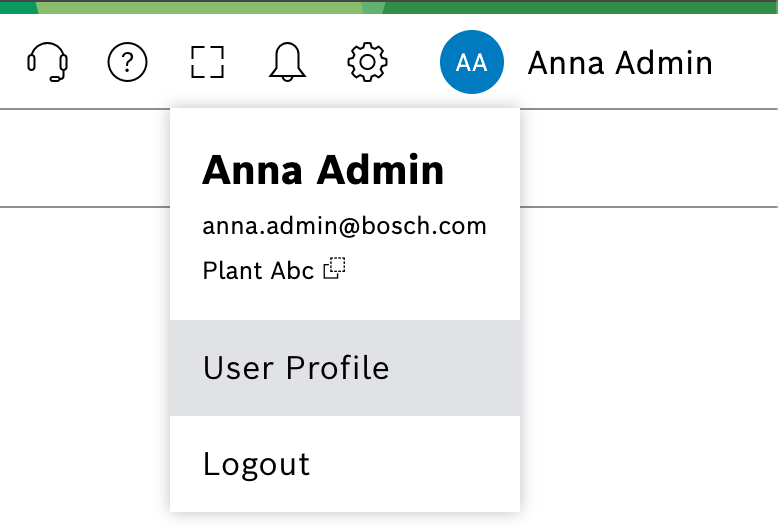 User menu in the header